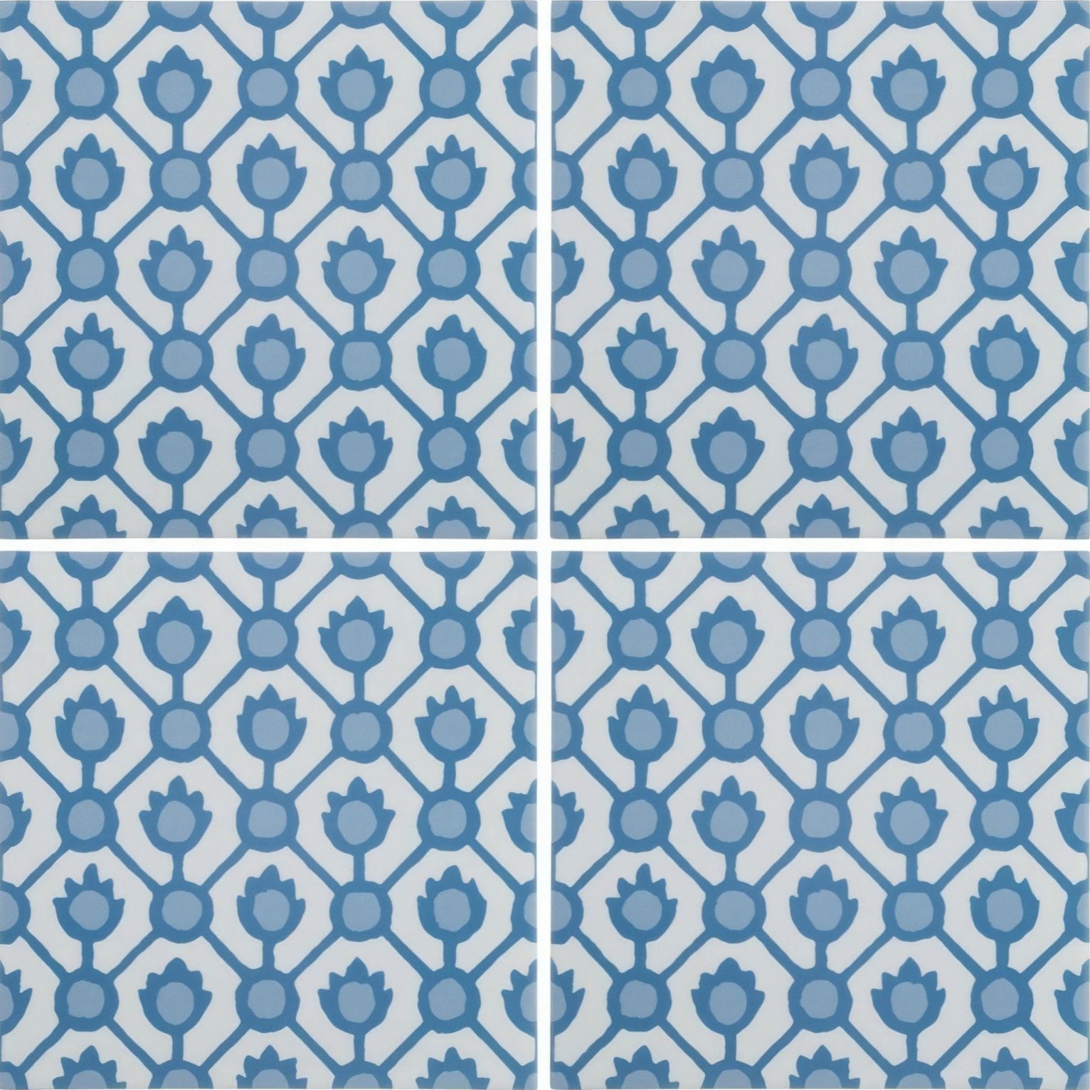 Designers Guild Jaal Cobalt blue floral patterned ceramic tile with repeating geometric lattice design
