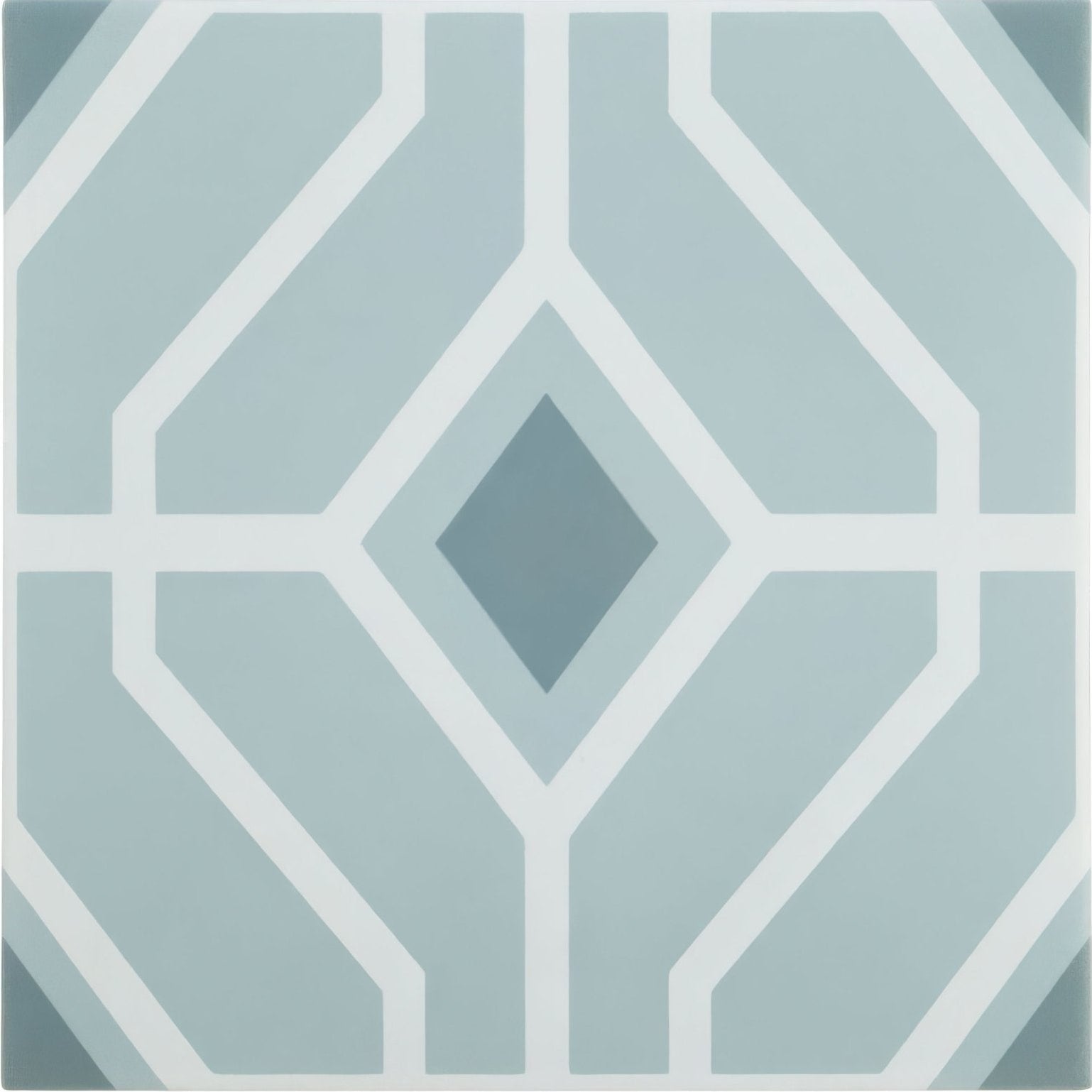 A square ceramic tile from designers guild laterza cloud with a light blue and white geometric diamond pattern