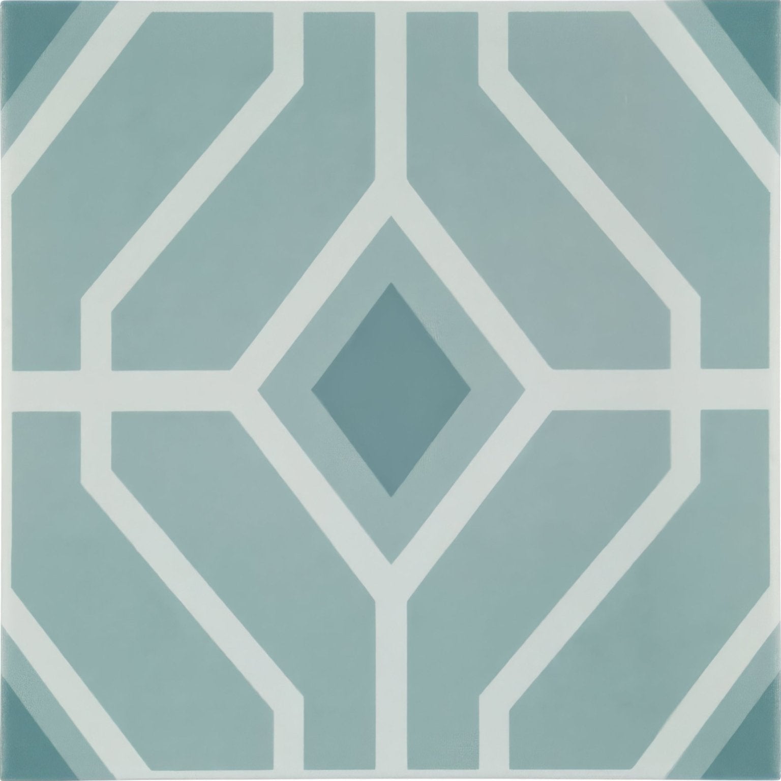 A square ceramic tile from designers guild laterza slate blue with a geometric pattern in light blue and white