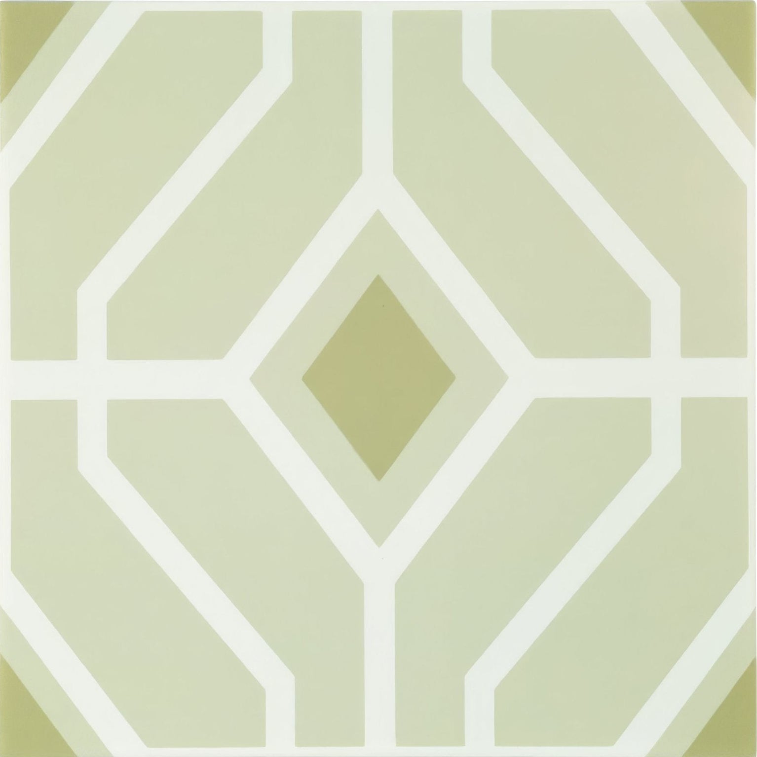 Designers guild laterza willow tile with geometric pattern in light sage green and white diamond lines