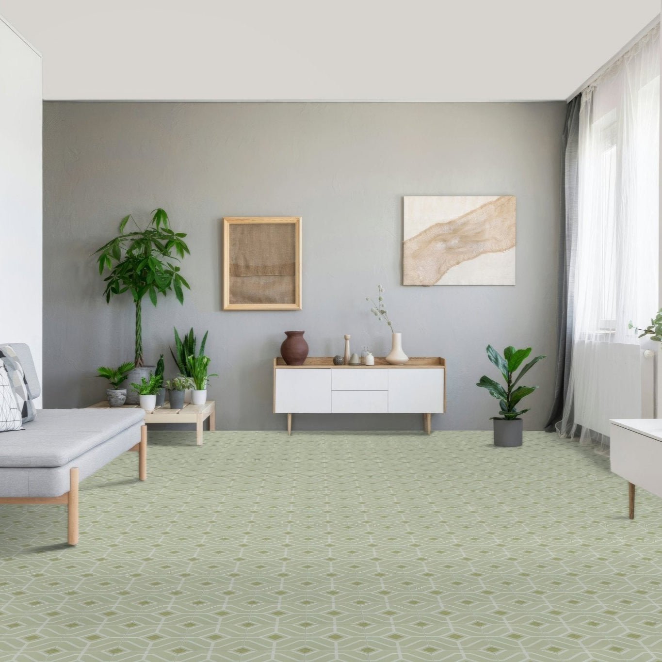 Light green geometric patterned floor tiles from designers guild laterza willow collection for stylish interior flooring