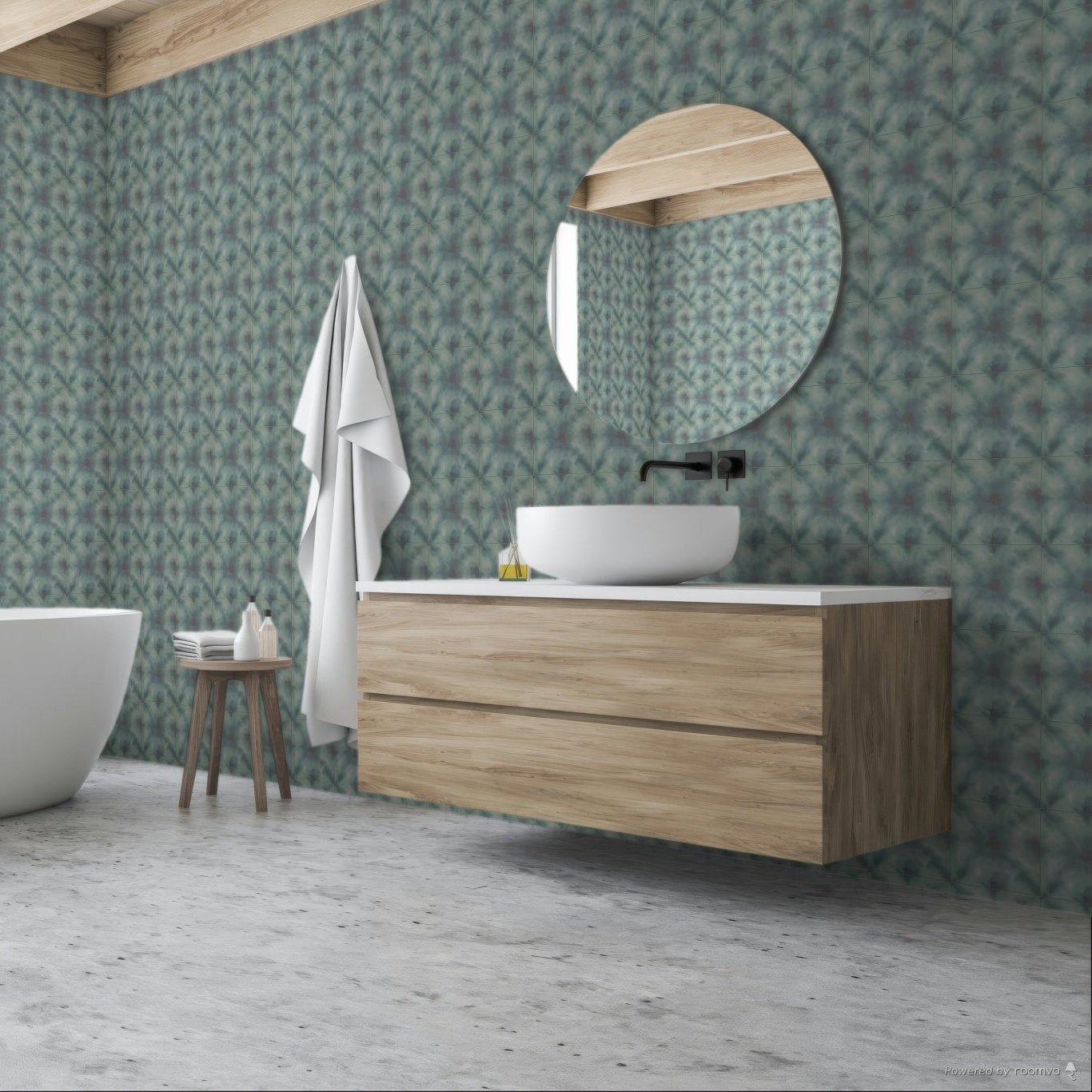 Floating wooden vanity with two drawers and white ceramic sink in designers guild shibori duck egg finish