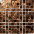 Copper-toned desire glass and stone mosaic tile with textured square pieces in bronze and dark brown shades