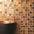 Desire Glass and Stone Mosaic gold and bronze glass and stone mosaic behind a hammered copper sink