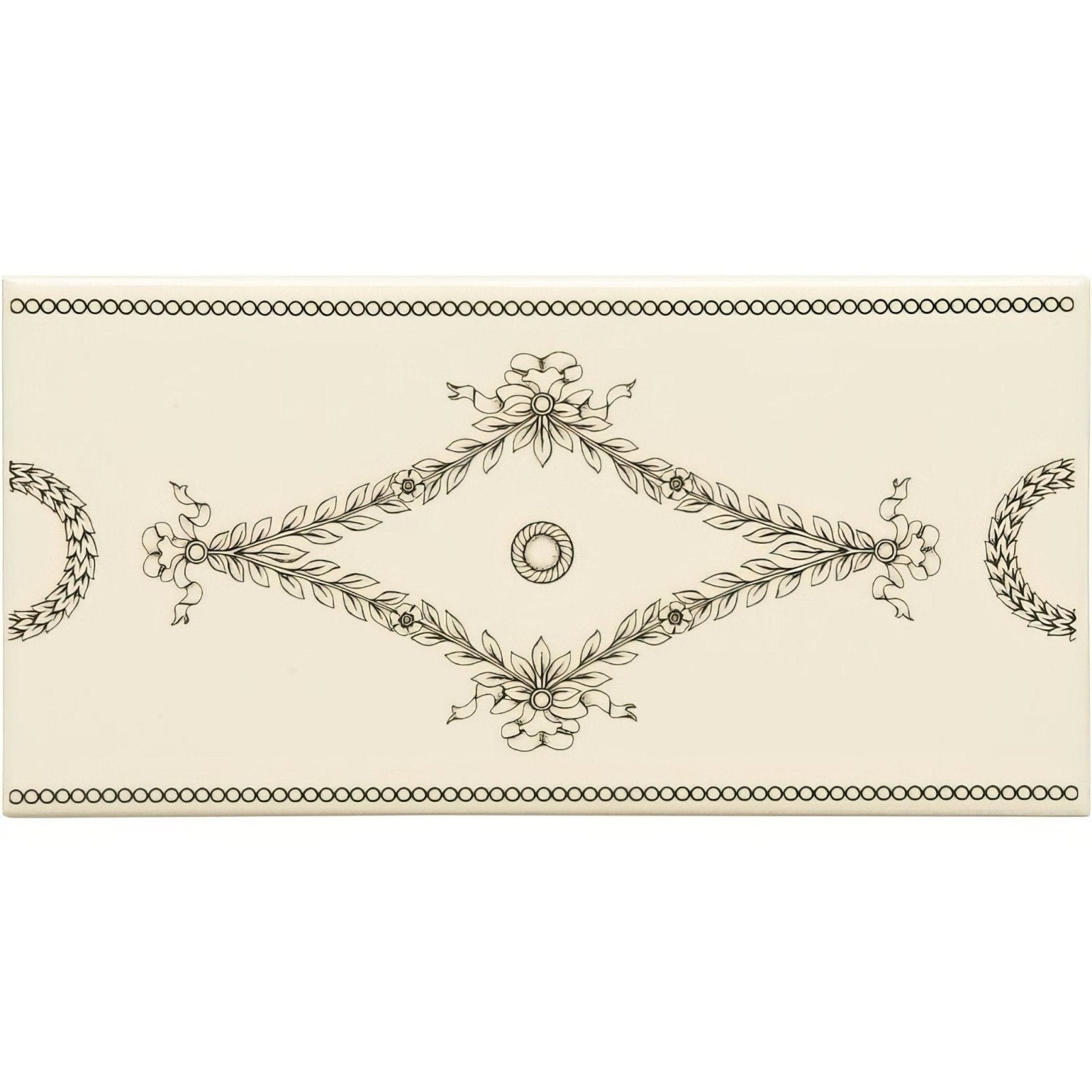 Cream-colored rectangular tile with elegant black floral and wreath line drawing diamond swag charcoal grey on county white