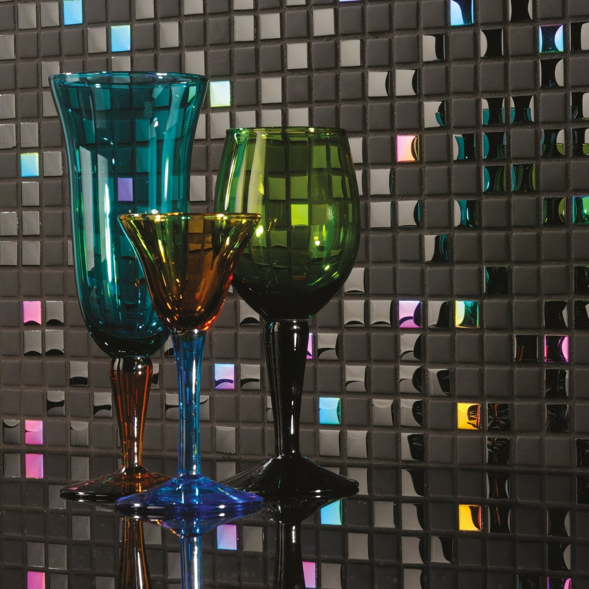 
Dias Earth and Fire Mixed Mosaics black mosaic with iridescent accents and colourful glass wine glasses