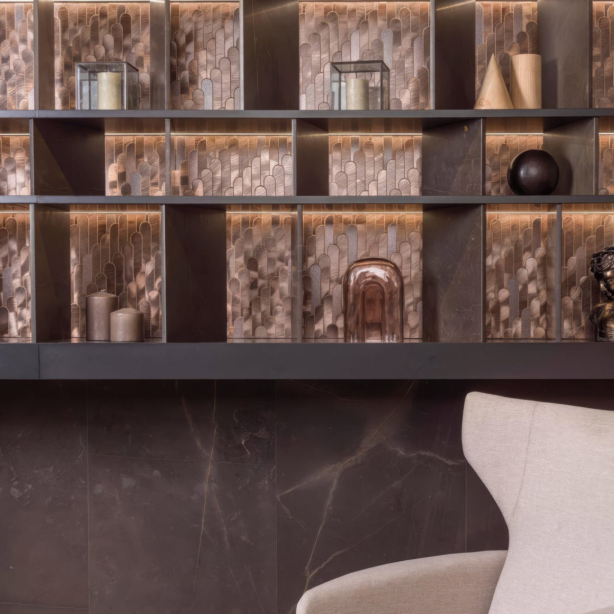 Digit copper mosaic modern copper-toned metallic tile backsplash with integrated led lighting for walls