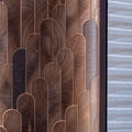 Digit copper mosaic art deco wall panel in copper-toned metallic with textured wood-grain and vertical geometric pattern