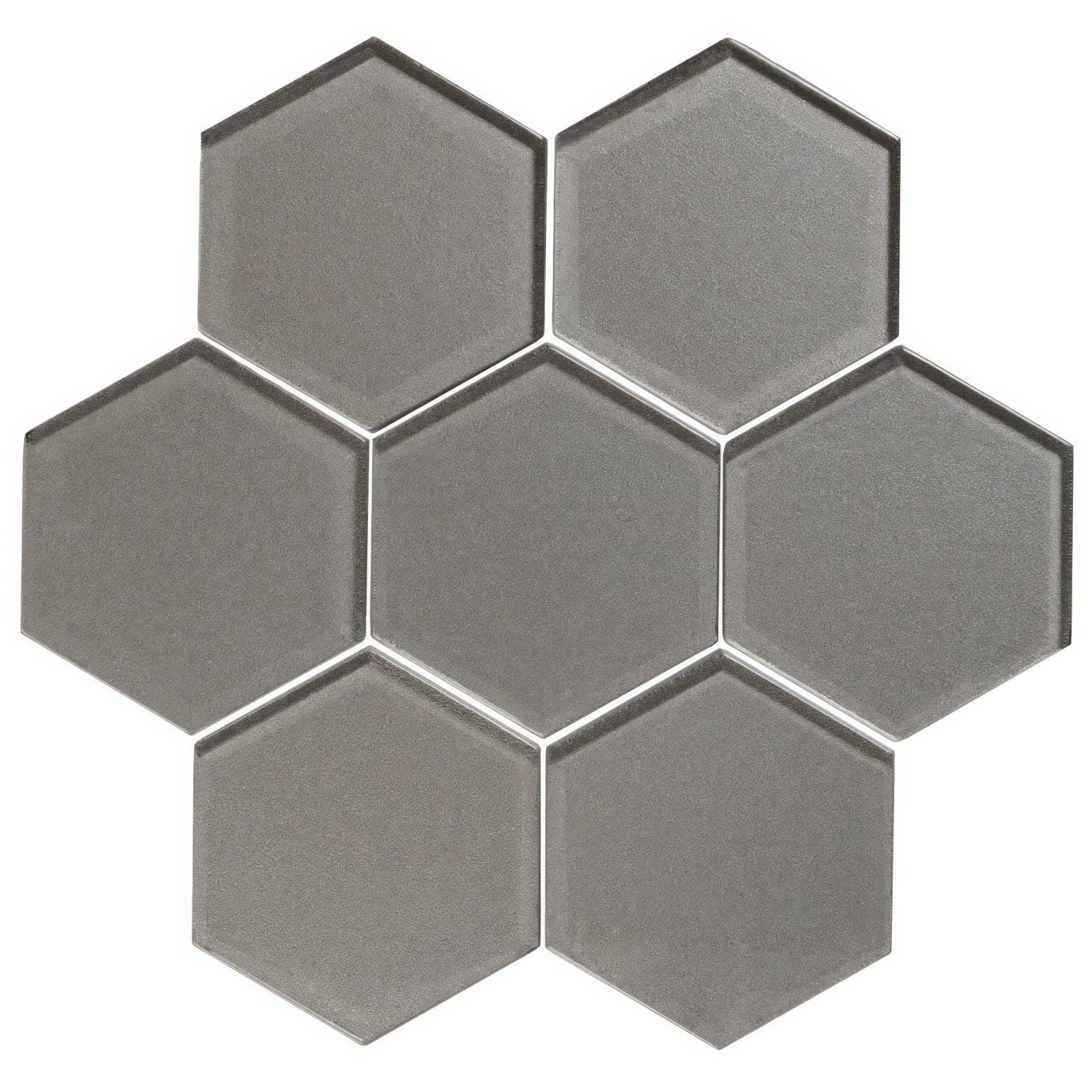 Gray hexagonal glass mosaic tile from dionysus metallic hexagon mosaics with a reflective metallic finish