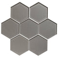 Gray hexagonal glass mosaic tile from dionysus metallic hexagon mosaics with a reflective metallic finish