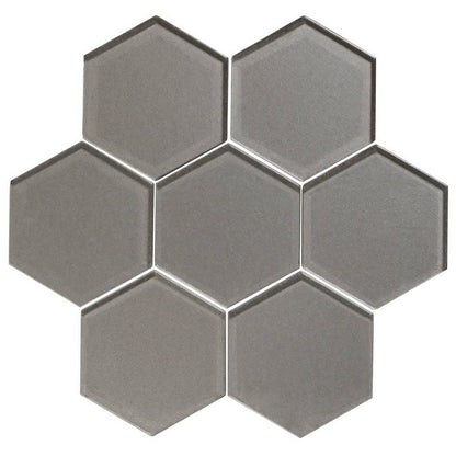 Gray hexagonal glass mosaic tile from dionysus metallic hexagon mosaics with a reflective metallic finish