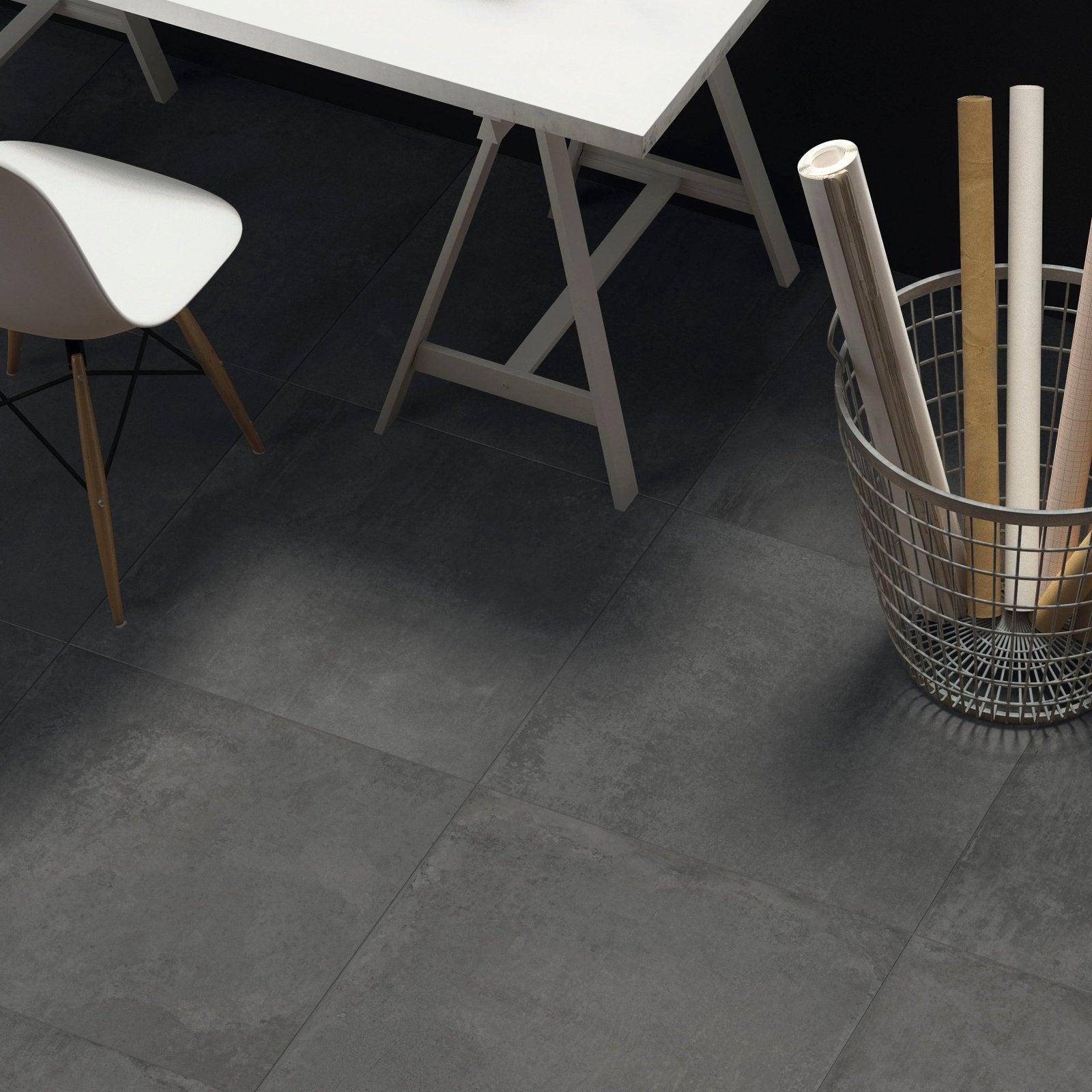 Dark gray concrete-effect floor tiles with a matte finish direction dark matt 60 x 60cm