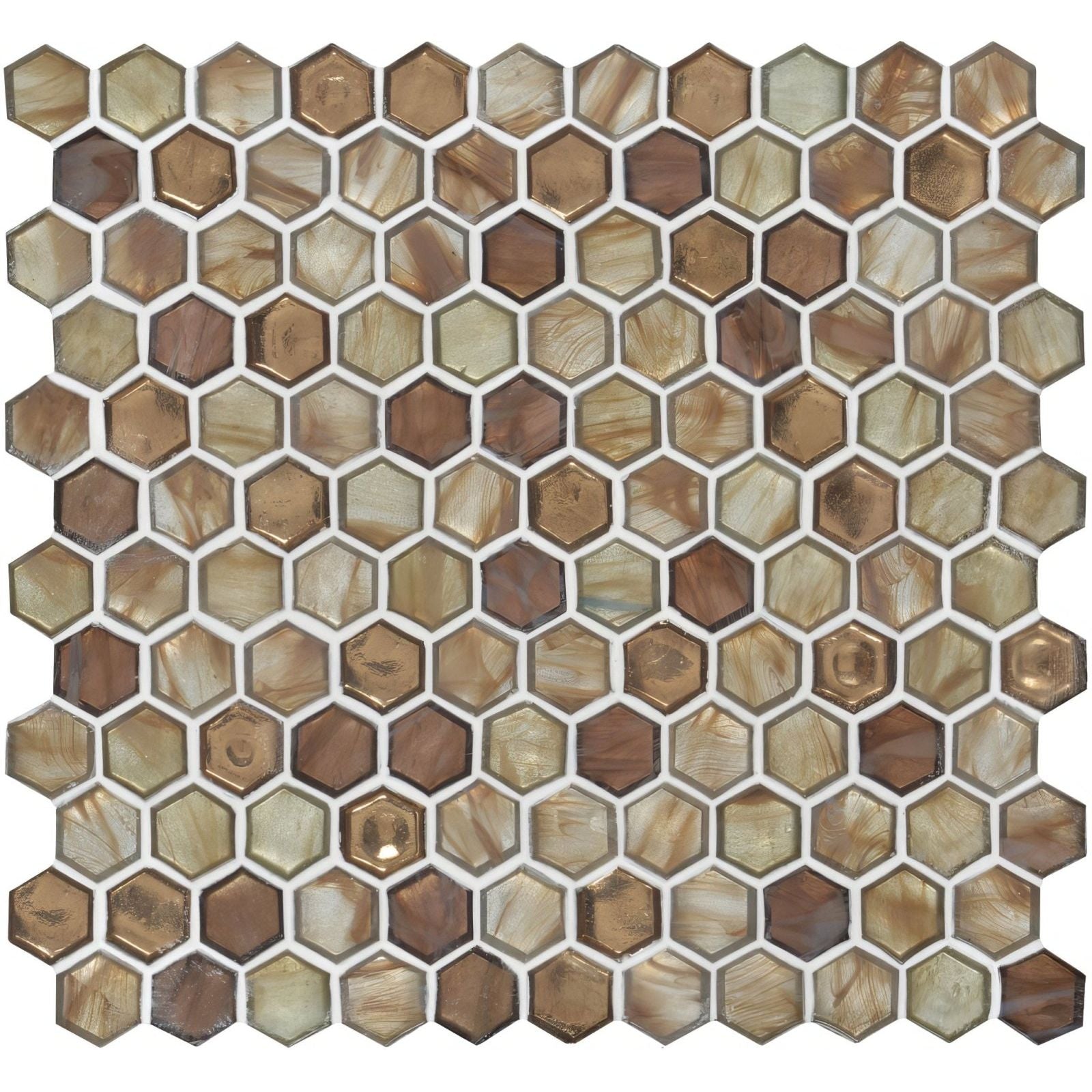 Dispur glass mosaic hexagonal tile panel with shimmering iridescent finish in warm brown and gold tones