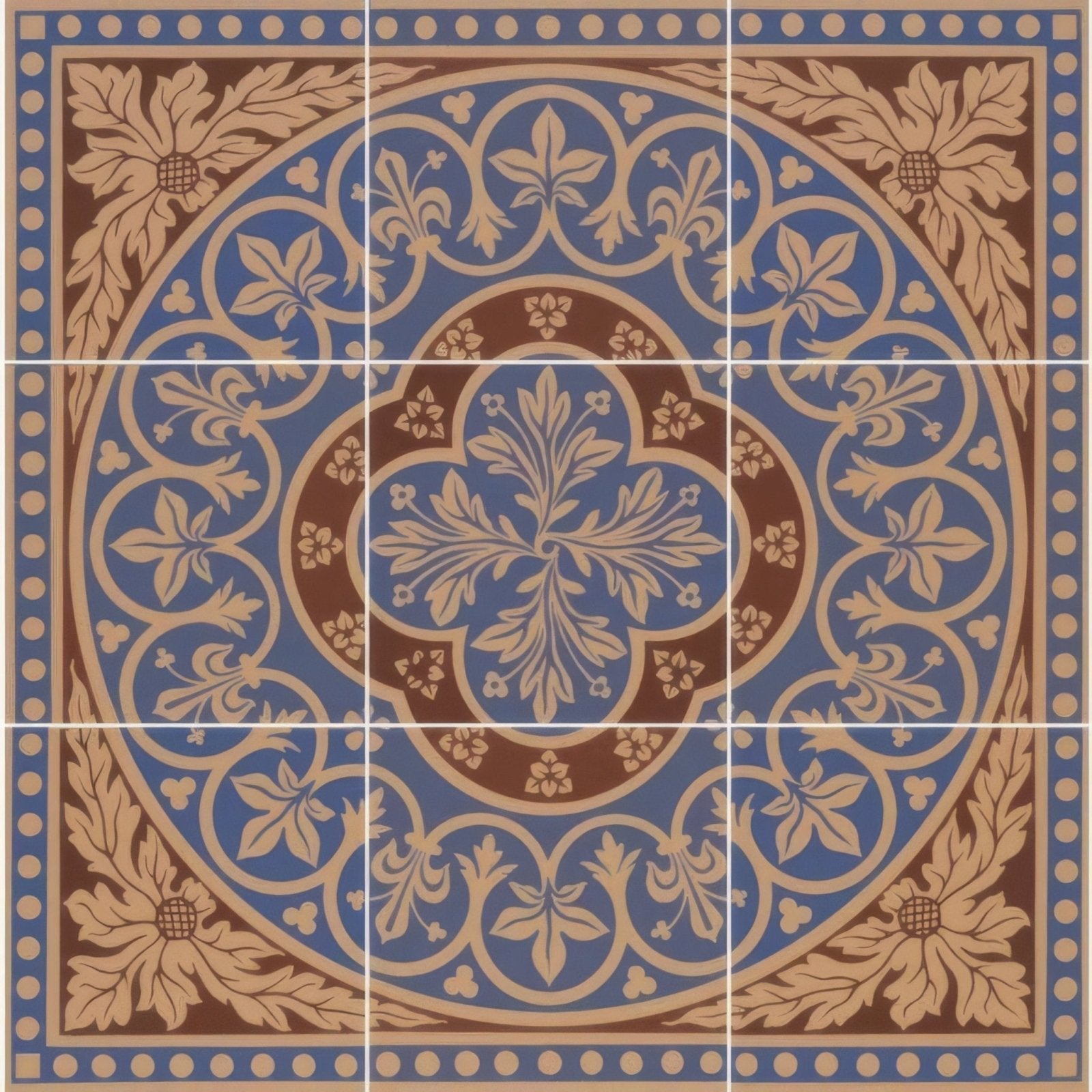 Disraeli 9 tile set blue featuring blue and brown ornate ceramic tiles with intricate floral patterns