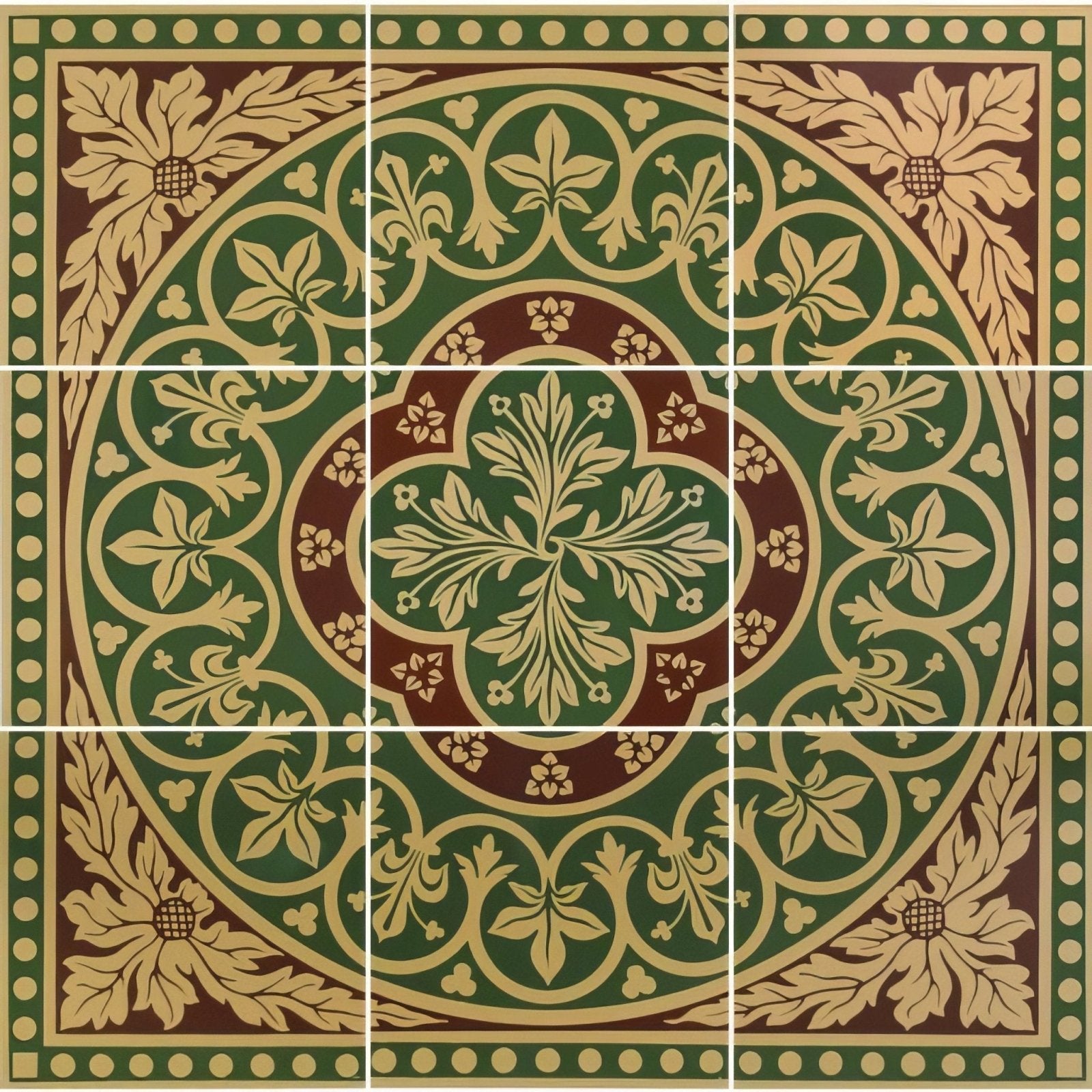 Disraeli 9 tile set green featuring green and gold ornate floor tile with intricate floral patterns for decorative flooring