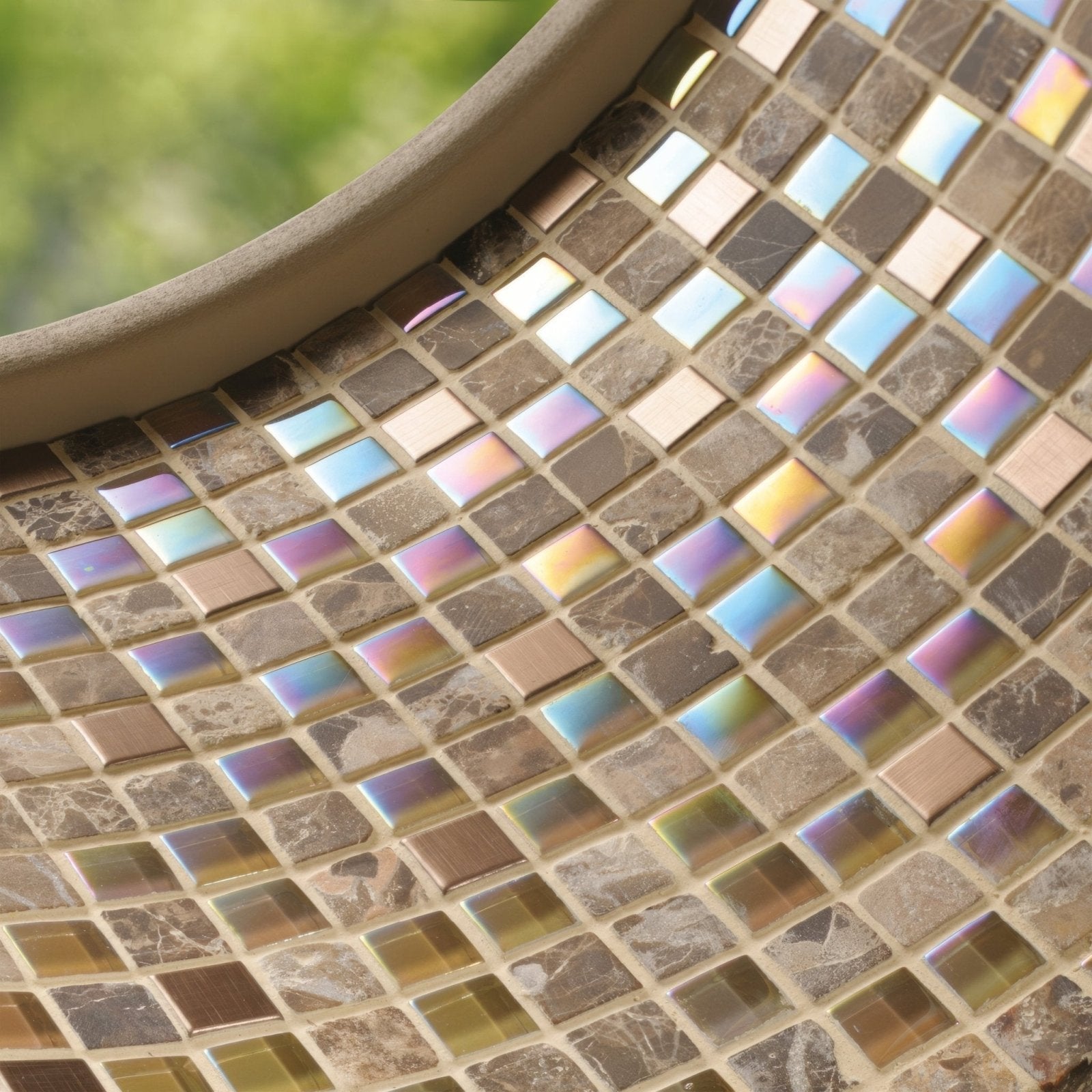 Divine earth and fire mixed mosaic iridescent tile with earthy brown beige tones and reflective blue purple gold hues