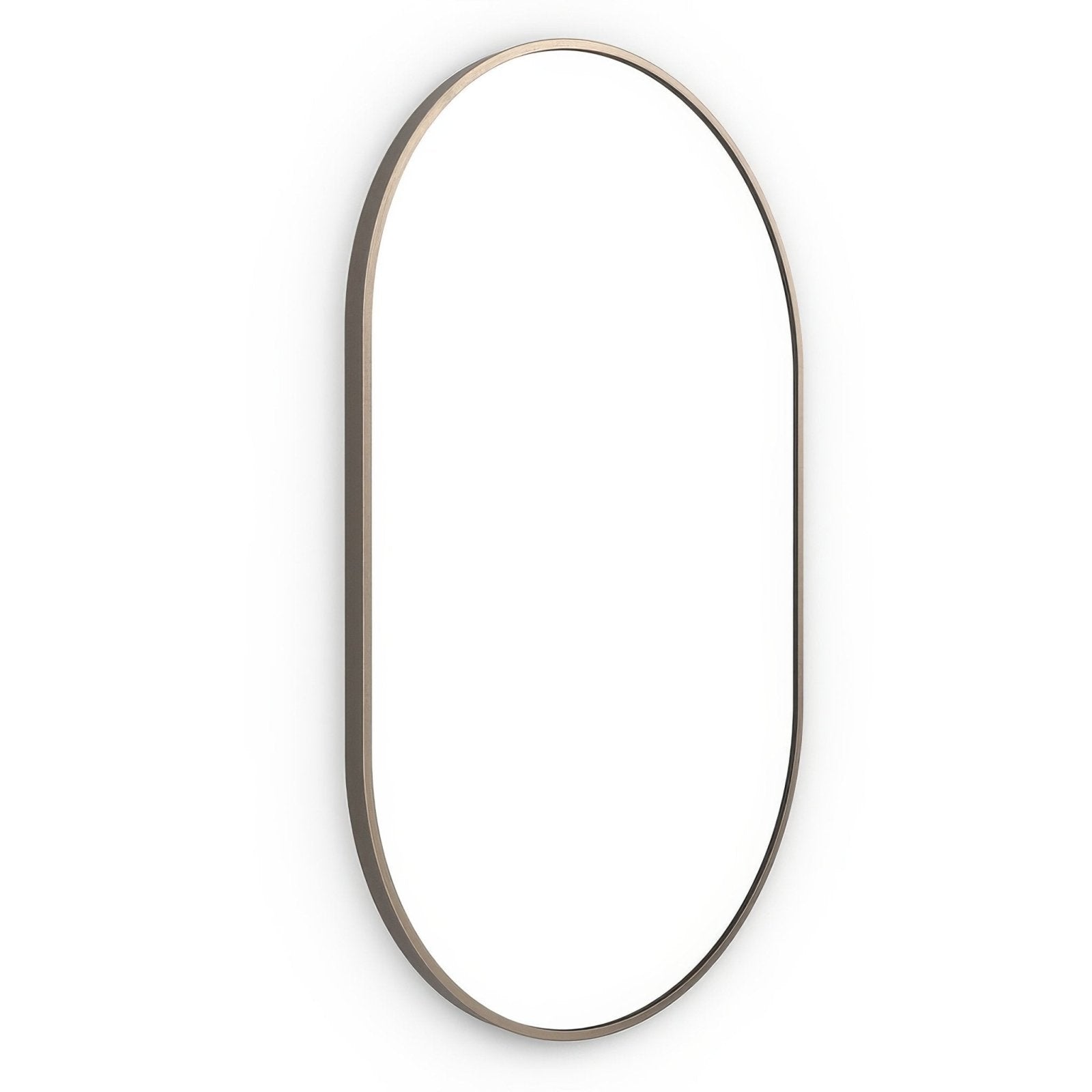 A sleek oval docklands capsule mirror with a thin brushed bronze metallic frame for modern decor