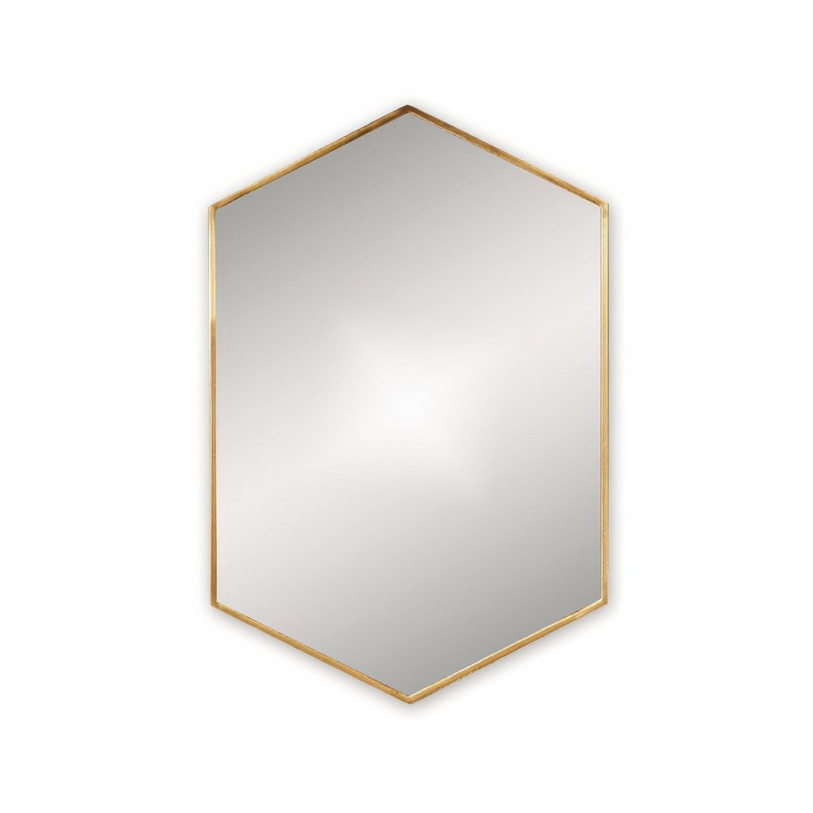 A sleek docklands hexagonal mirror with a thin polished gold brushed brass frame for modern decor