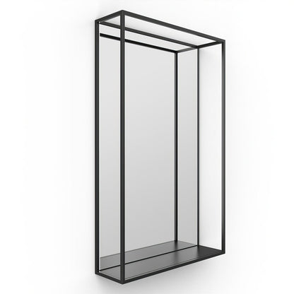 Black metal-framed docklands mirror with glass panels and a lower shelf wall-mounted in black 50x80cm