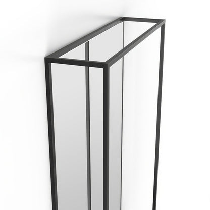 Black-framed rectangular shower enclosure with clear glass panels shown with docklands mirror with shelf 50x80cm in black