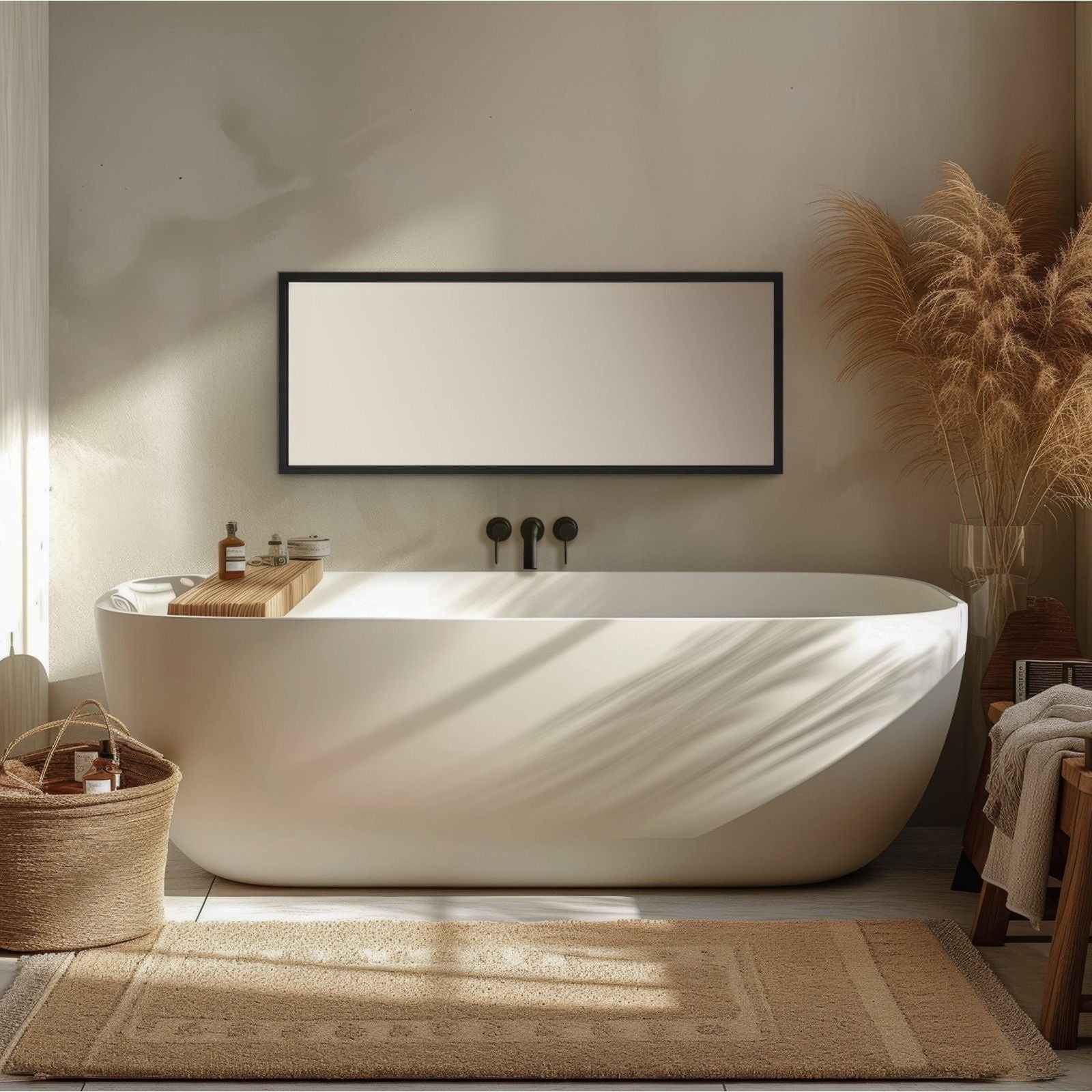 Modern freestanding bathtub with glossy white finish and minimalist design featured with docklands rectangular mirror black 40x100cm