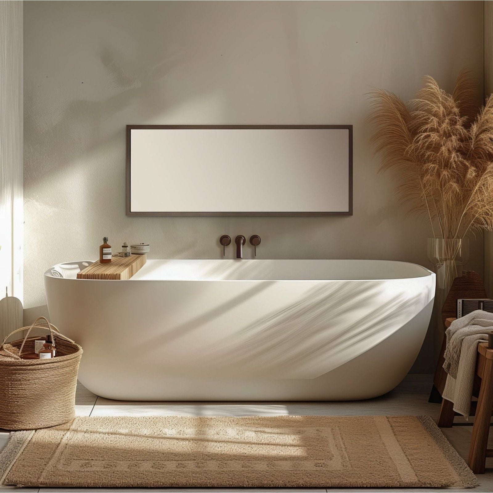Modern freestanding bathtub with smooth matte white finish paired with docklands rectangular mirror 40x100cm brushed bronze