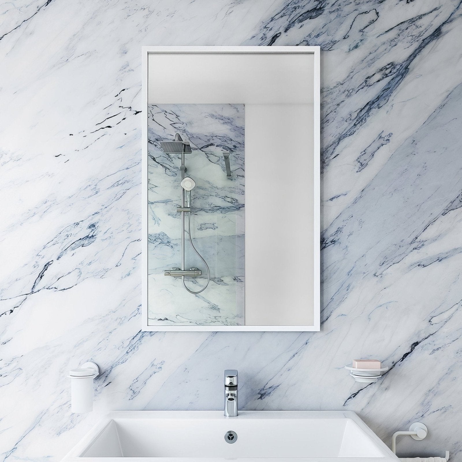 White framed rectangular Docklands bathroom mirror 50x80cm mounted above sink for modern wall decor and functionality