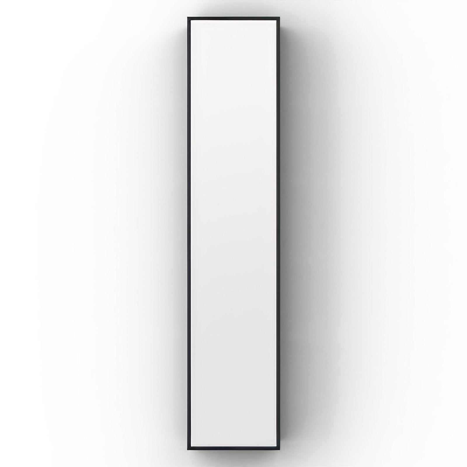 Dockside mirror with open shelving in black featuring a sleek rectangular wall-mounted light with white panel and black frame