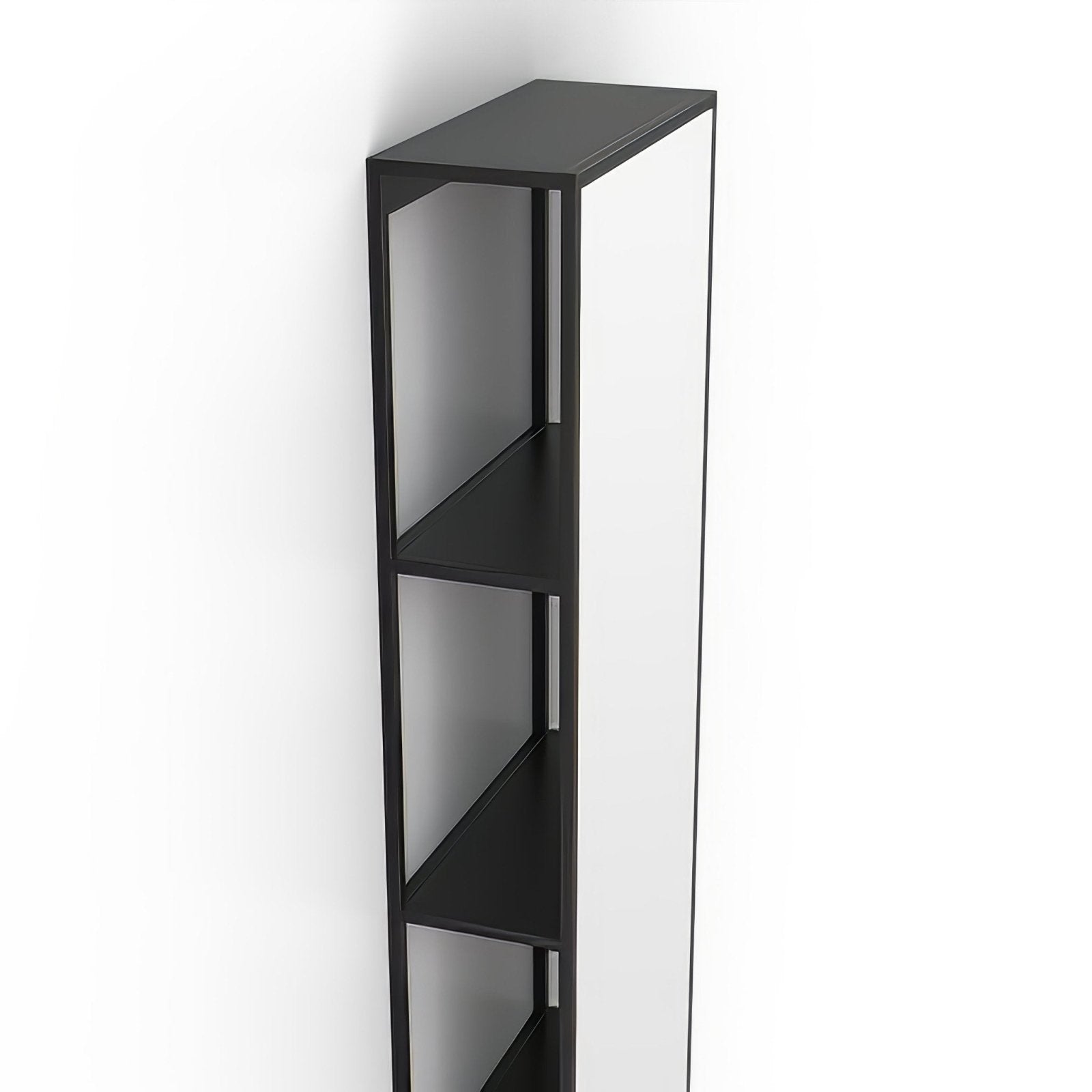 Black metal corner shelf with four angled open shelves for storage in the dockside mirror 140x30cm black frame