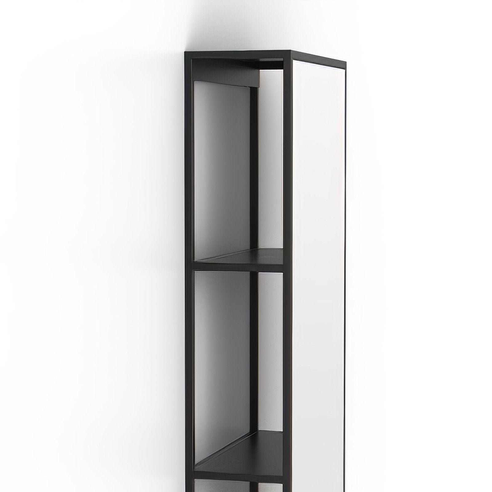 Black metal dockside mirror with open shelving 140x30cm featuring a minimalist three-tier corner shelf design