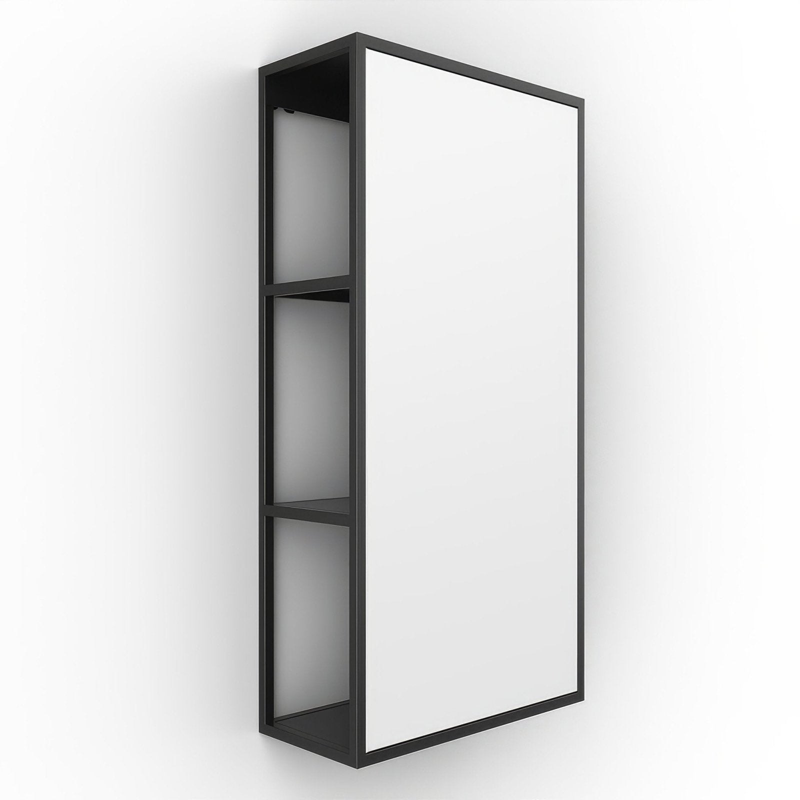 Black-framed wall-mounted medicine cabinet dockside mirror with mirrored door and three open shelves in black 30x60cm