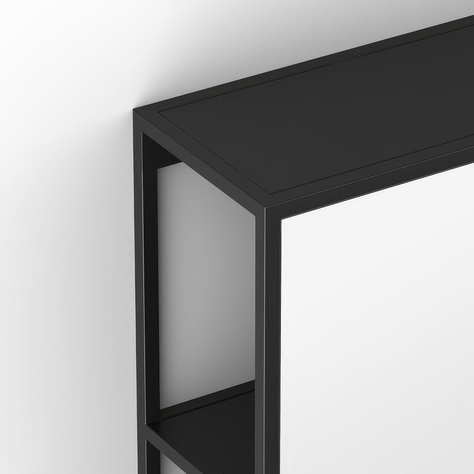 Black metal console table with minimalist rectangular frame and two open shelves in black finish 30x60cm