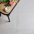 Dorset porcelain grey gray stone-effect floor tiles with subtle veining and durable porcelain material