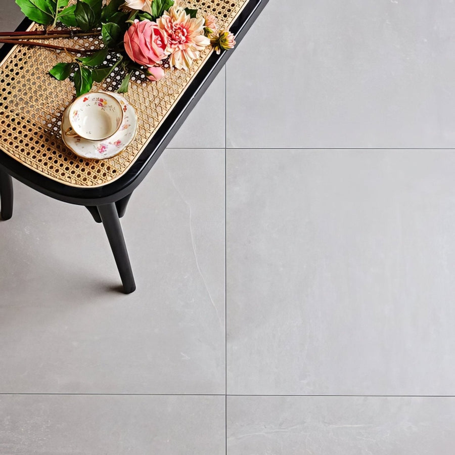 Dorset porcelain grey gray stone-effect floor tiles with subtle veining and durable porcelain material