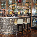 Dove grey 25mm square shiny silver mosaic tiled bar counter with dark wood legs and sleek modern design