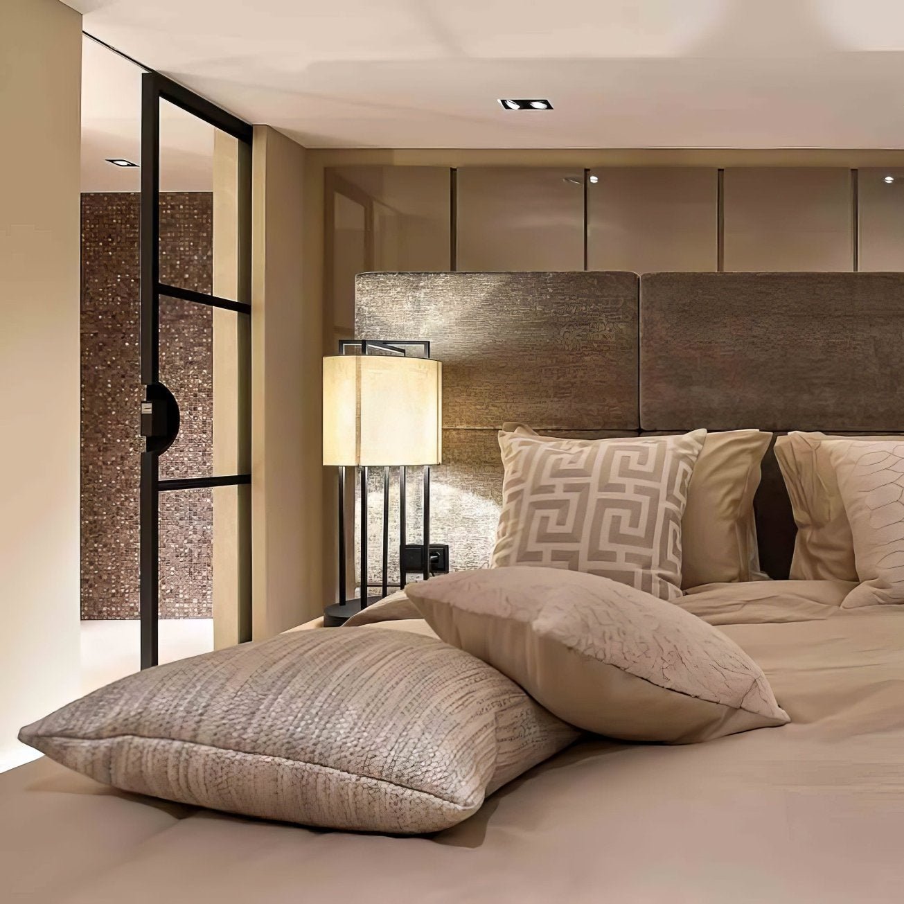 Beige textured throw pillows with subtle geometric patterns resting on the bed in dove grey 25mm square design