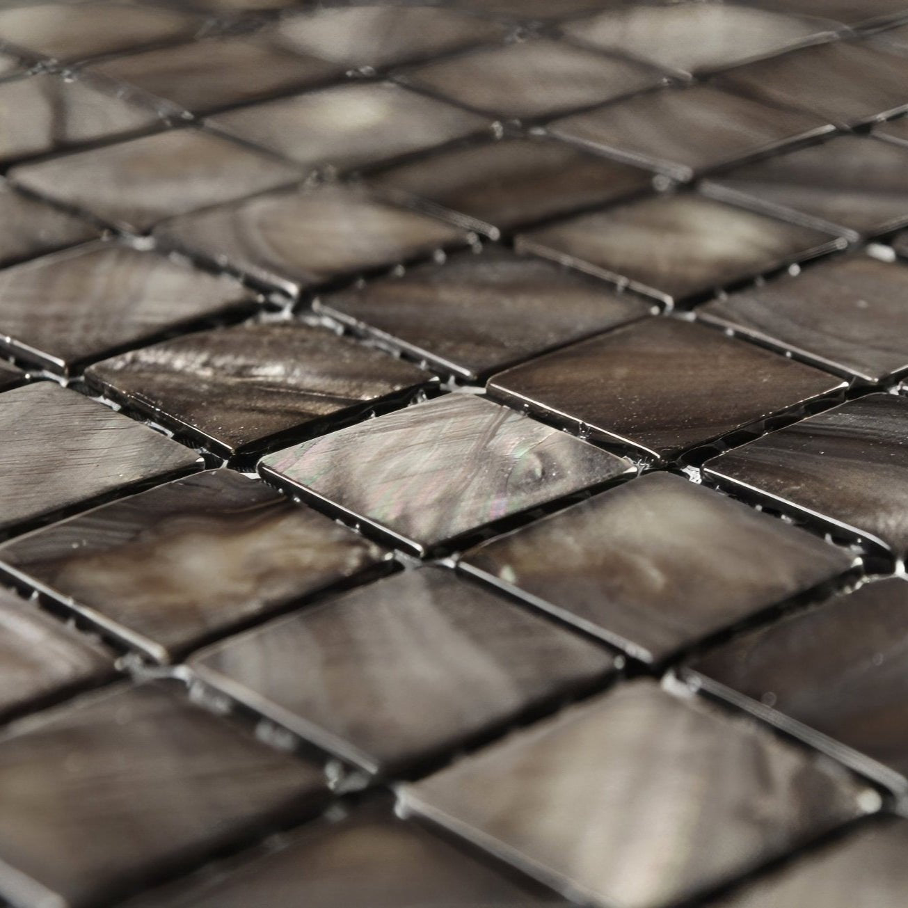 Dove grey 25mm square dark glossy mosaic tiles with iridescent sheen and natural veining for decorative use