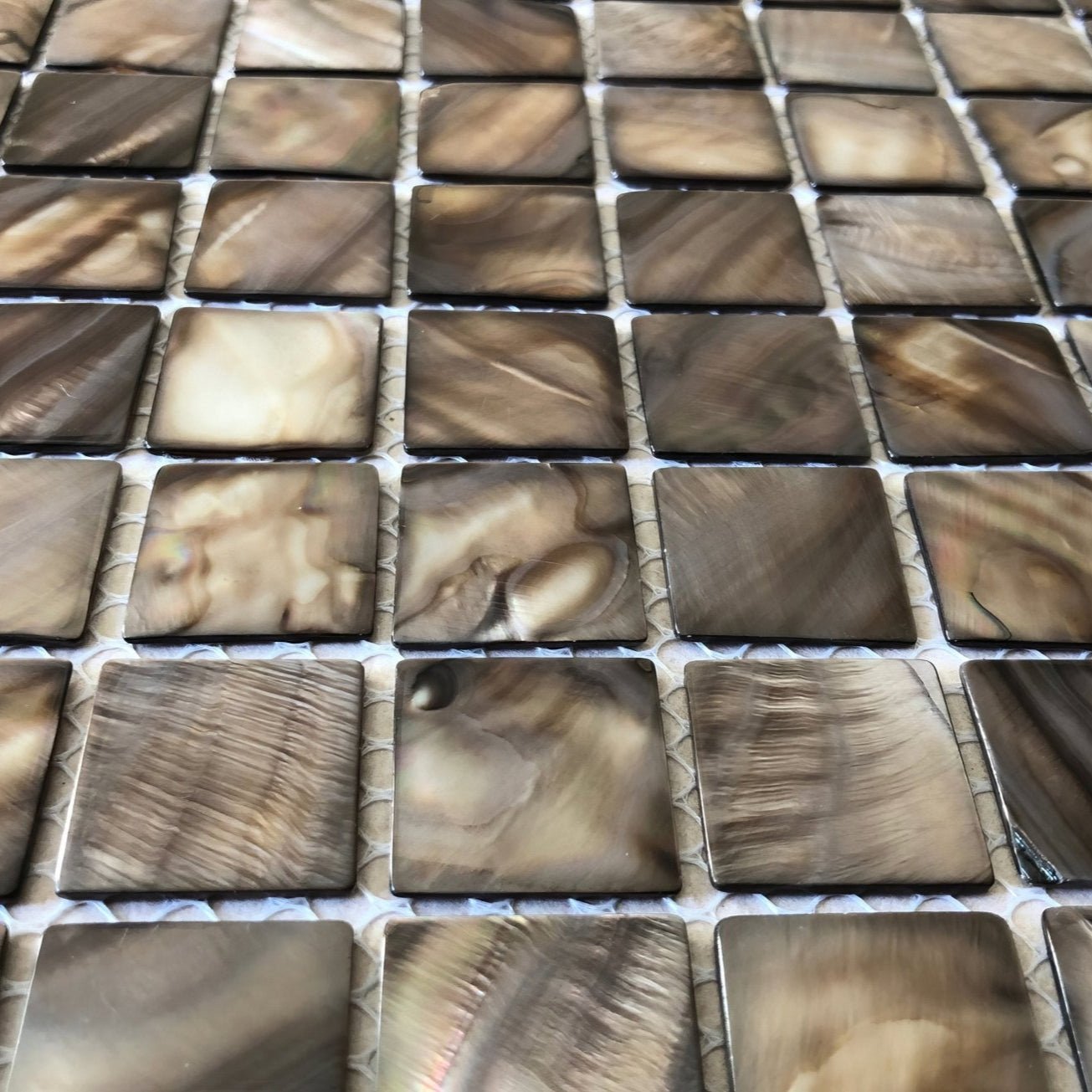Dove grey 25mm square brown mosaic tiles with glossy iridescent mother-of-pearl finish
