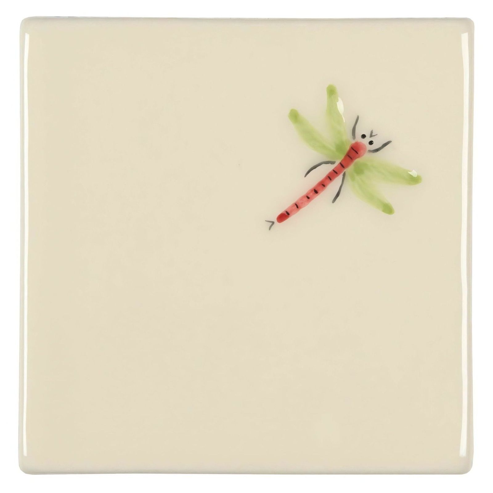 Cream-colored ceramic coaster featuring a hand-painted green-winged dragonfly with a pink segmented body