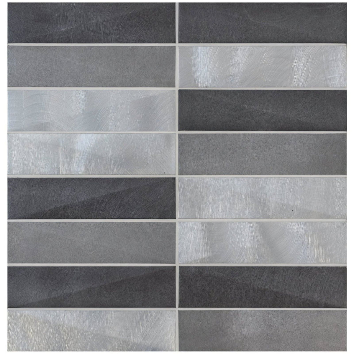 Modern gray and silver metallic glass mosaic tile with brushed reflective finish from dreadnought brushed aluminium mosaic