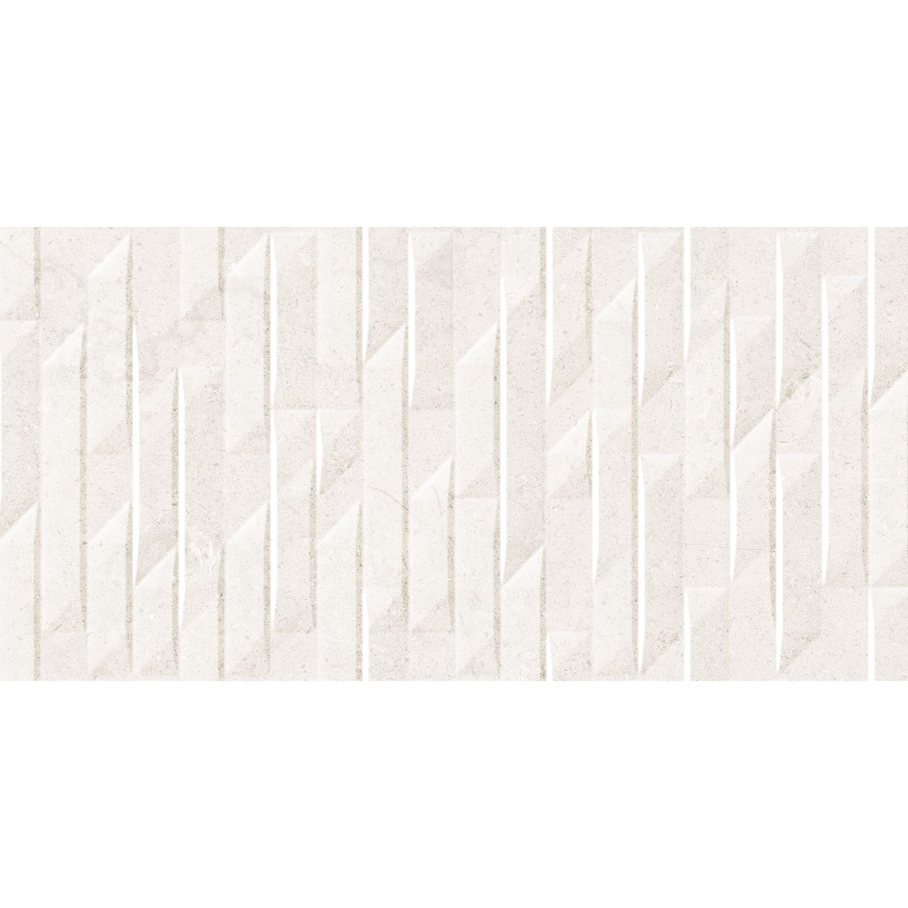 White textured wall tile dual blend white matt 30 x 60cm with geometric raised vertical ridges for modern interiors