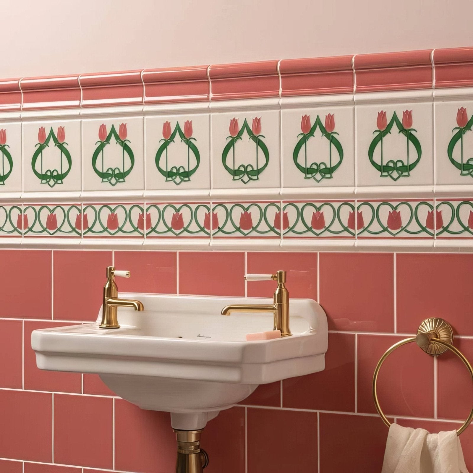 White ceramic sink with gold toned faucets and matching pedestal base paired with duchy pink field tile wall