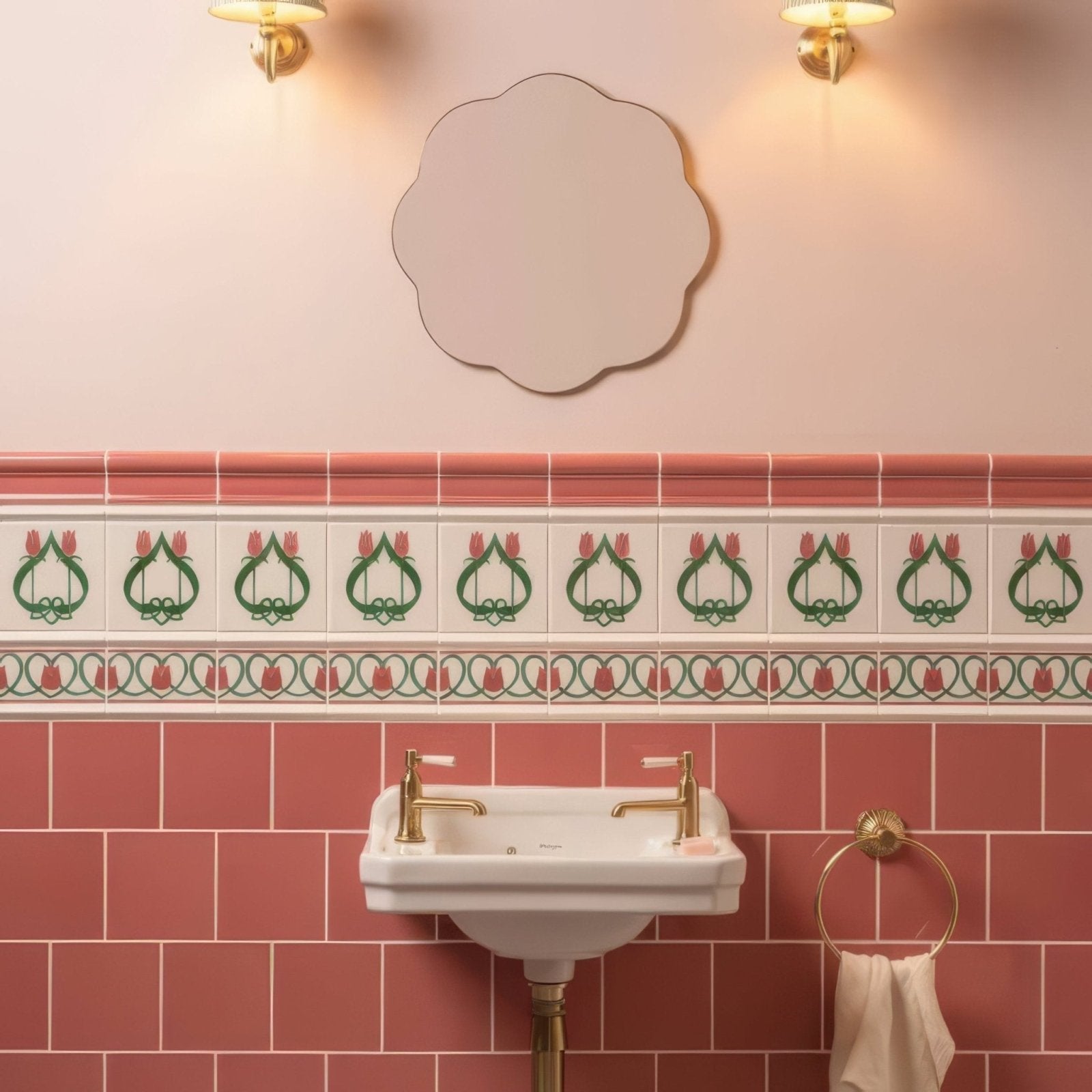 White ceramic pedestal sink with gold-toned faucets installed above duchy pink field tile bathroom wall