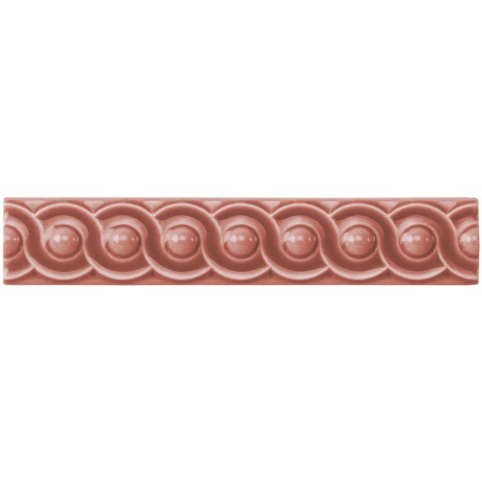 Duchy pink scroll moulding rectangular matte ceramic tile in soft rose pink with raised interlocking oval pattern
