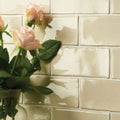 Half tile dune cream-colored textured tiles displayed with a clear vase of soft pink roses and lush green leaves