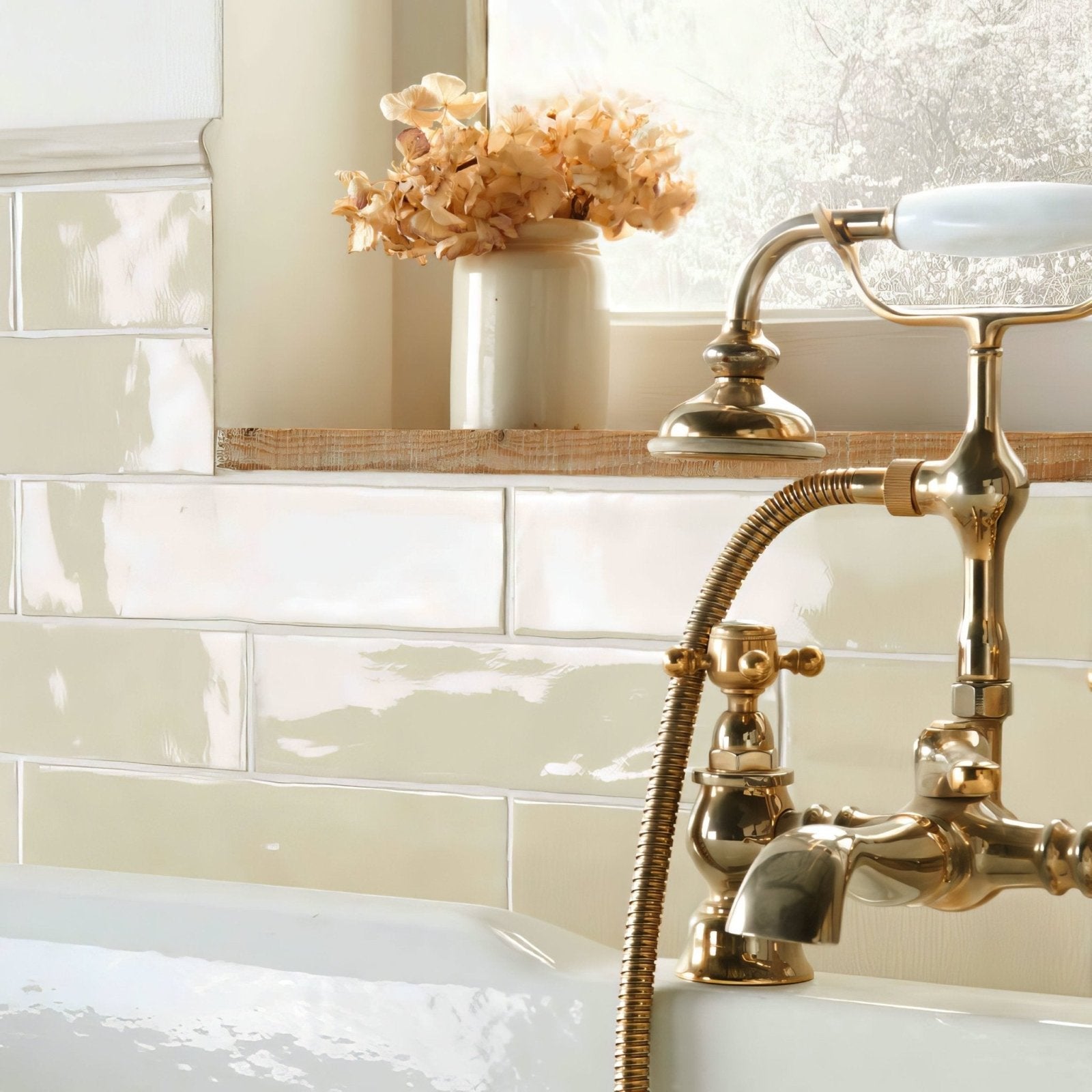Antique brass bathtub faucet with white ceramic handle and flexible hose on large brick tile dune background
