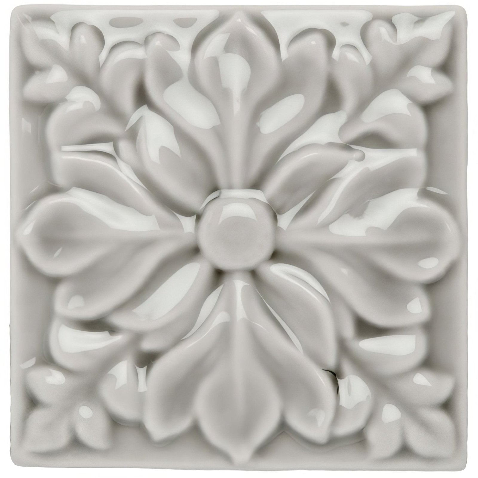 Dunwich Hampstead off-white ceramic tile with raised symmetrical floral petals and leaf design
