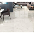 Duomo 1811 blanco polished white marble effect floor tiles with subtle gray veining and a polished finish