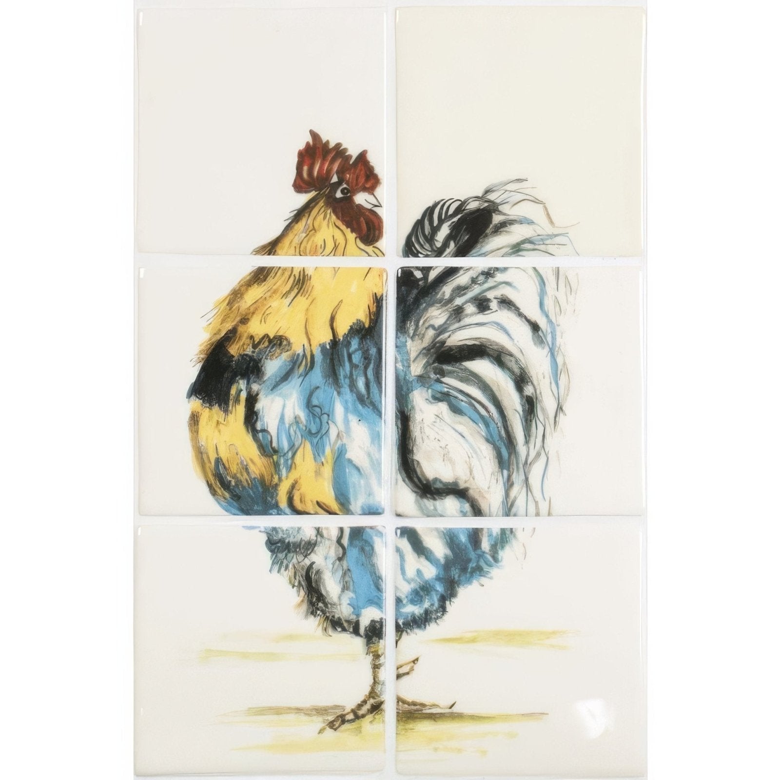 Vibrant hand-painted rooster mural on four cream-colored ceramic tiles in dutch chicken 6 tile set