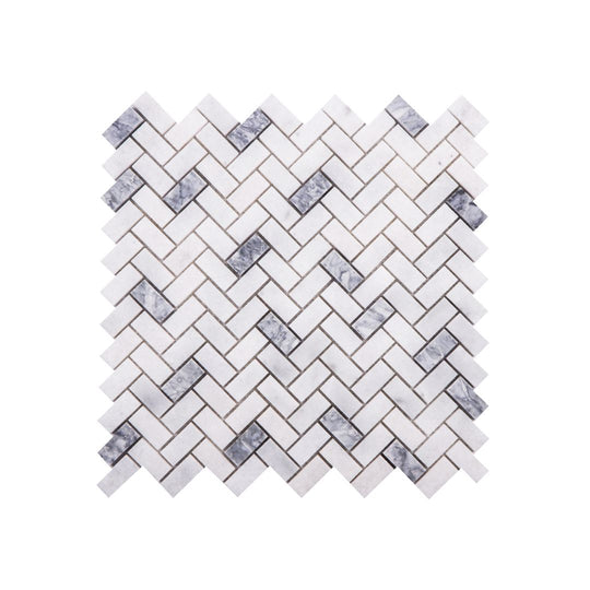 Carrara White - Platinum Grey Honed Marble Herringbone Mosaic Wall & Floor Tile